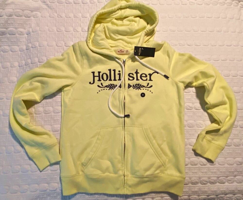 Hollister Women's Yellow Full Zip Hoodie M Logo Hooded Pockets Long Sleeve New